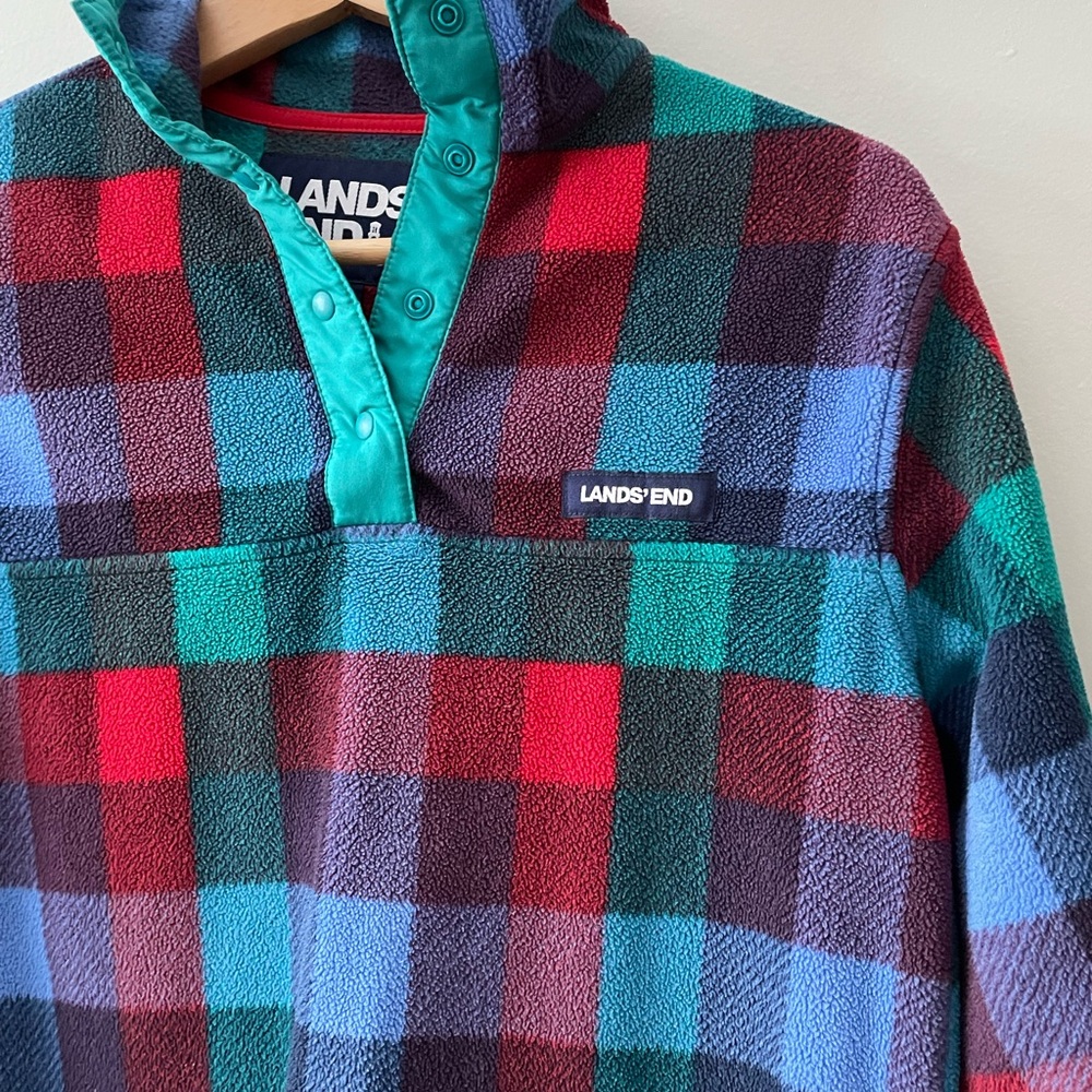 Lands' End Heritage Fleece Snap Neck Pullover Plaid - sz S - Picture 2 of 5